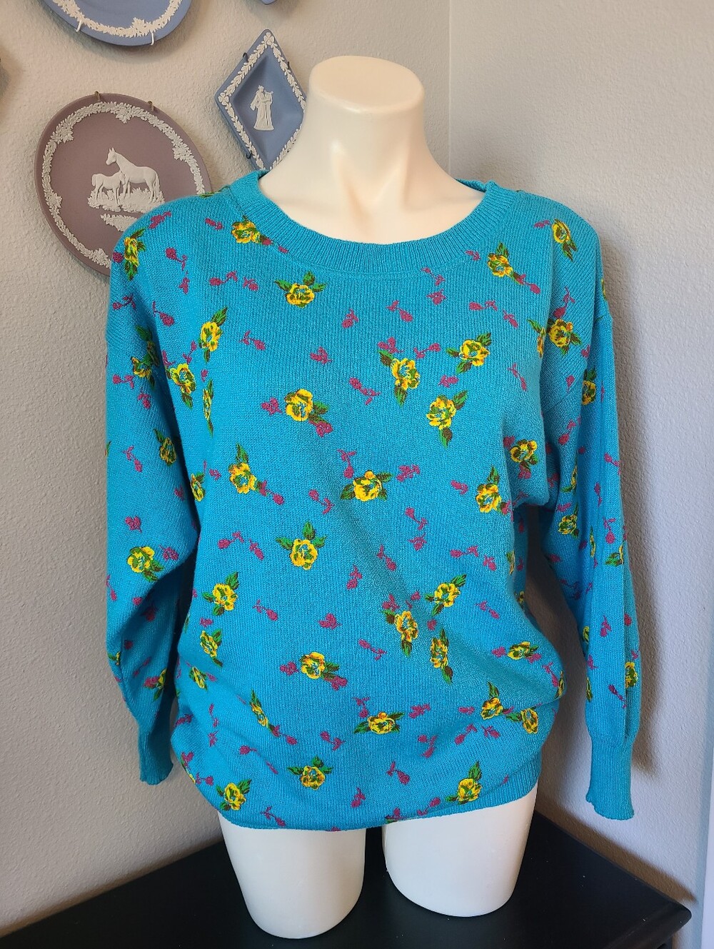 Whimsy Alain Manoukian Vintage 90s Floral Sweater Blue Made in Italy Size M